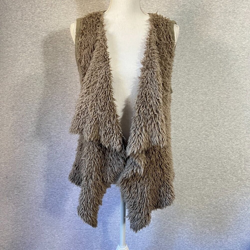 Kensie Sherpa Knit Vest Womens Large‎ Taupe Green Boho Open Waterfall